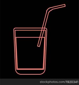 Neon juice glass with drinking straw red color vector illustration flat style light image. Neon juice glass with drinking straw red color vector illustration flat style image