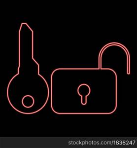 Neon key and lock red color vector illustration flat style light image. Neon key and lock red color vector illustration flat style image