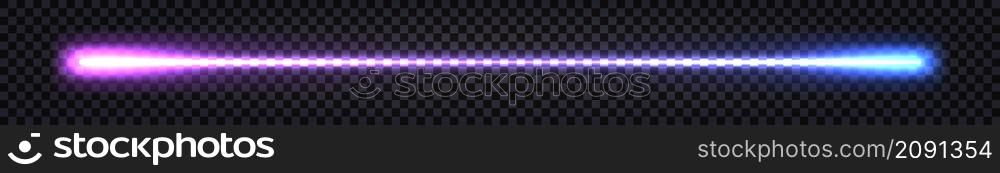 Neon laser beam, glowing streak with light thunder bolt effect. Purple and blue ray line with electric flash explosion.Techno futuristic impulse line isolated. Vector illustration