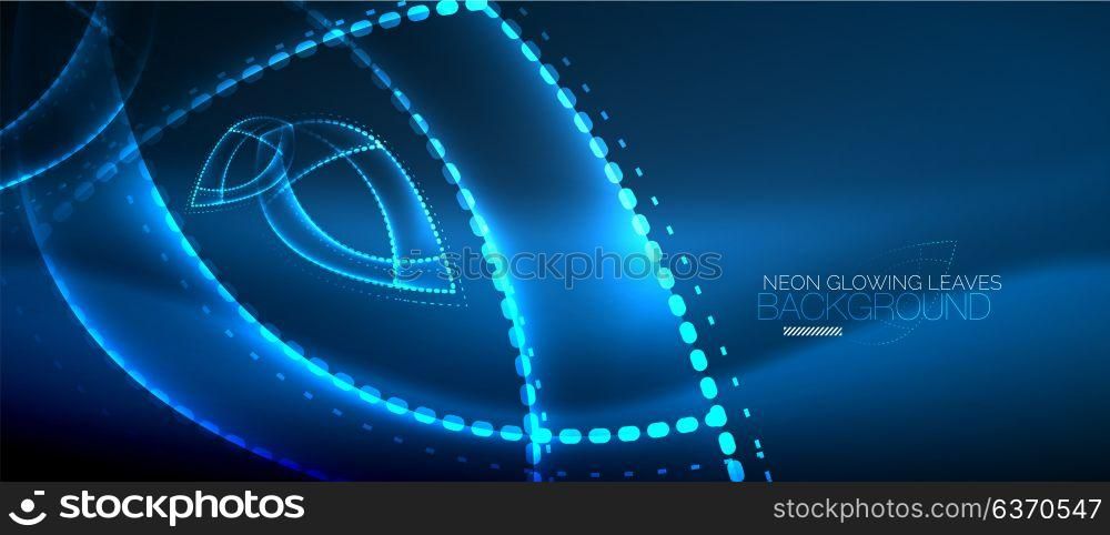 Neon leaf background, green energy concept. Vector blue neon leaf background, green energy concept