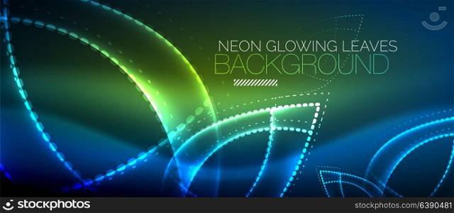 Neon leaf background, green energy concept. Vector blue neon leaf background, green energy concept