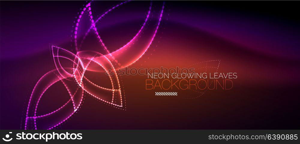 Neon leaf background, green energy concept. Vector purple neon leaf background, green energy concept