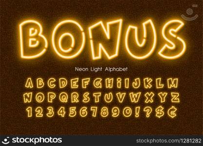 Neon light 3d alphabet, extra glowing comic style type. Swatch color control.. Neon light 3d alphabet, extra glowing comic style type.