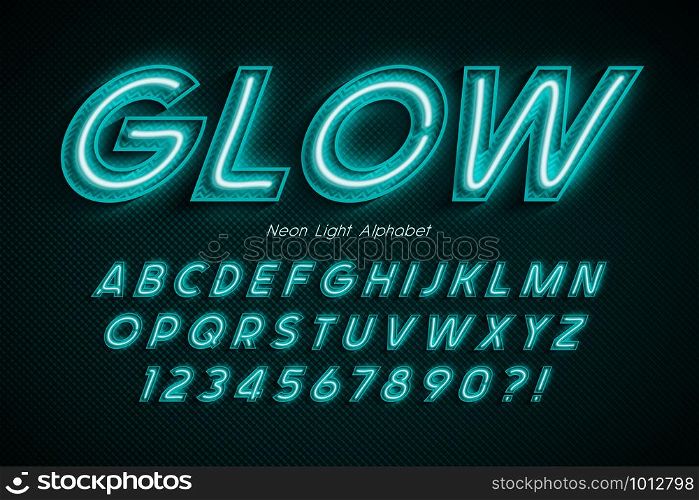 Neon light 3d alphabet, extra glowing font. Exclusive swatch color control. 20 degree skew.. Neon light 3d alphabet, extra glowing font.