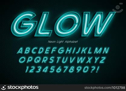 Neon light 3d alphabet, extra glowing font. Exclusive swatch color control. 20 degree skew.. Neon light 3d alphabet, extra glowing font.