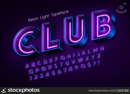 Neon light 3d alphabet, extra glowing font. Swatch color control. 13 degree skew.. Neon light 3d alphabet, extra glowing font.
