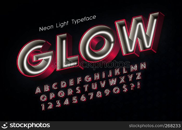Neon light 3d alphabet, extra glowing font. Swatch color control. 13 degree skew.. Neon light 3d alphabet, extra glowing font.