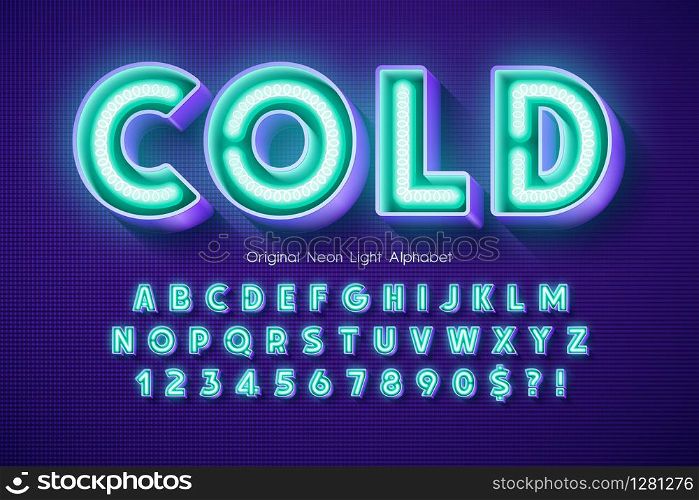 Neon light 3d alphabet, extra glowing modern type. Swatch color control.. Neon light 3d alphabet, extra glowing modern type.