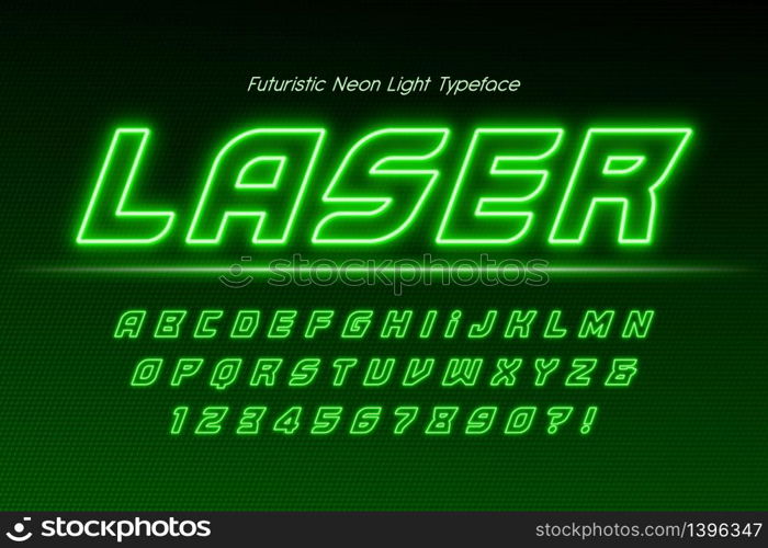 Neon light 3d alphabet, extra glowing modern type. Swatch color control. 20 degree skew. Neon light 3d alphabet, extra glowing modern type.