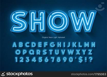 Neon light 3d alphabet, extra glowing origainal type. Swatch color control. Neon light 3d alphabet, extra glowing origainal type.