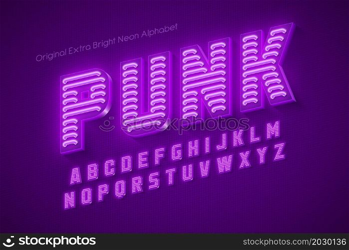 Neon light 3d alphabet, retro-futuristic origainal type. Swatch color control. 13 degree skew. Neon light 3d alphabet, retro-futuristic origainal type.