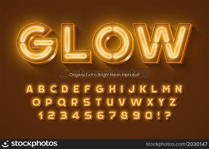 Neon light 3d alphabet, retro-futuristic origainal type. Swatch color control.