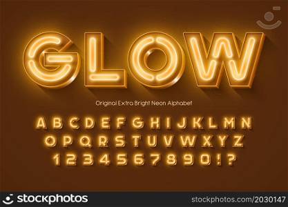 Neon light 3d alphabet, retro-futuristic origainal type. Swatch color control.
