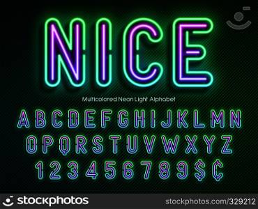 Neon light alphabet, multicolored extra glowing font. Exclusive swatch color control.. Neon light alphabet, multicolored extra glowing font