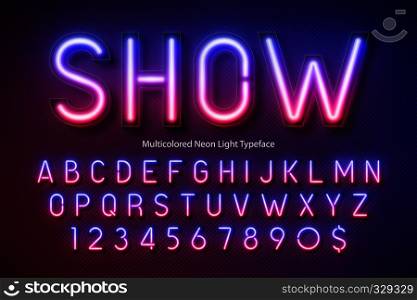 Neon light alphabet, multicolored extra glowing font. Exclusive swatch color control.. Neon light alphabet, multicolored extra glowing font