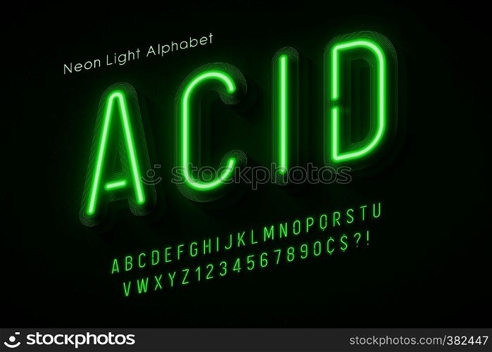 Neon light alphabet, multicolored extra glowing font. Exclusive swatch color control.. Neon light alphabet, multicolored extra glowing font.