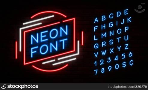 Neon light alphabet, realistic extra glowing font. Exclusive swatch color control.. Neon light alphabet, realistic extra glowing font