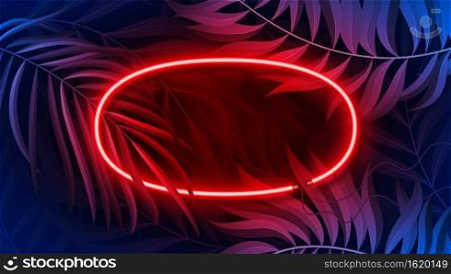 Neon light banner in fluorescent color, tropical background concept. Vector illustration. Neon light banner in fluorescent color, tropical background concept.