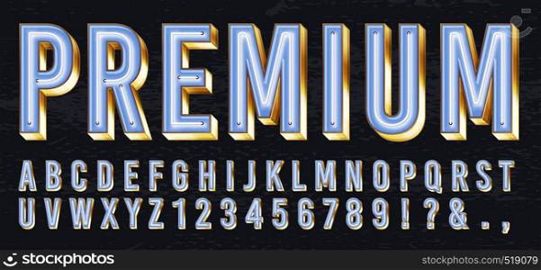 Neon light box font. Premium glowing letters, golden alphabet and elite gold lettering with neons lights 3d vector illustration set