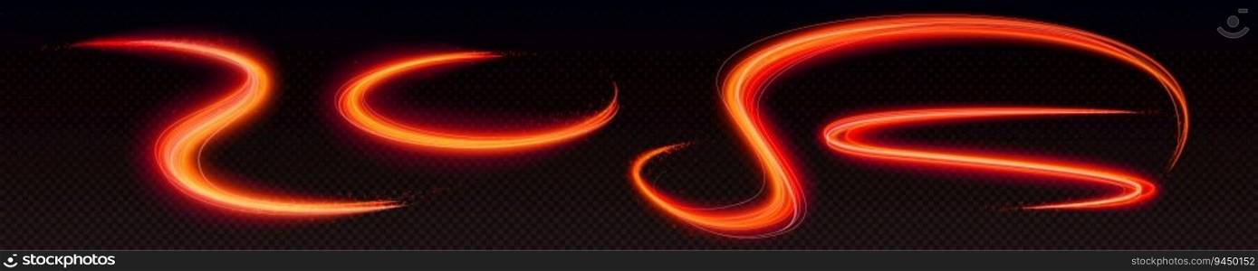 Neon light lines and swirls. Abstract effect of speed motion with red glow, shine and sparkles isolated on transparent background, vector realistic illustration. Neon light lines and swirls, speed motion effect