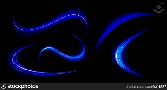 Neon light lines and swirls, speed motion glow effect. Abstract energy flare trails at night. Magic blue flashes, bright shiny spiral streaks isolated on black background, vector realistic set. Neon light swirls, speed motion glow effect