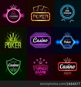 Neon light poker club and casino emblems set isolated vector illustration. Neon Casino Emblems