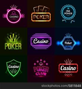 Neon light poker club and casino emblems set isolated vector illustration. Neon Casino Emblems