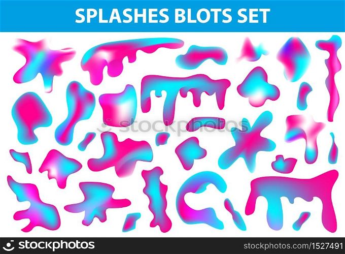 Neon liquid stains splashes set. Fluid streaks and divorces collection. Drops spots. Isolated on white background. Splashes blots. Vector illustration. Neon liquid stains splashes set. Fluid streaks and divorces collection. Drops spots. Isolated on white background. Splashes blots. Vector illustration.