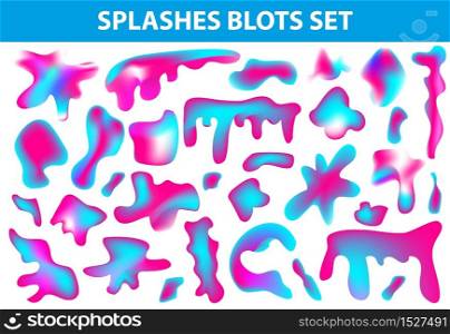 Neon liquid stains splashes set. Fluid streaks and divorces collection. Drops spots. Isolated on white background. Splashes blots. Vector illustration. Neon liquid stains splashes set. Fluid streaks and divorces collection. Drops spots. Isolated on white background. Splashes blots. Vector illustration.