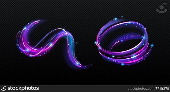 Neon magic swirl, wind effect purple twirl with blue sparkles. Swirl of wand spell . Magician, wizard or fairy light, shiny trace isolated on black background Realistic 3d Vector illustration. Neon magic swirl, wind effect purple twirl light