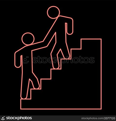 Neon man helping climb other man red color vector illustration image flat style light. Neon man helping climb other man red color vector illustration image flat style