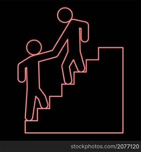 Neon man helping climb other man red color vector illustration image flat style light. Neon man helping climb other man red color vector illustration image flat style