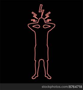 Neon man holding hand near head with lightning thunderbolt Concept trouble problem people silhouette red color vector illustration image flat style light. Neon man holding hand near head with lightning thunderbolt Concept trouble problem people silhouette red color vector illustration image flat style