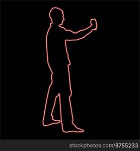 Neon man holds in long hand glass of wine about to make toast Holiday concept red color vector illustration image flat style light. Neon man holds in long hand glass of wine about to make toast Holiday concept red color vector illustration image flat style