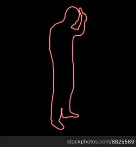 Neon man is combing hair use hairbrush Side view red color vector illustration image flat style light. Neon man is combing hair use hairbrush Side view red color vector illustration image flat style