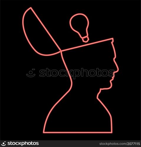 Neon man with lightbulb idea open head red color vector illustration image flat style light. Neon man with lightbulb idea open head red color vector illustration image flat style