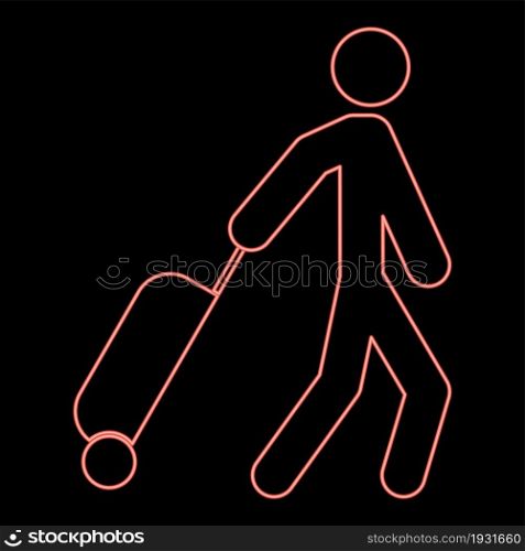 Neon man with suitcase red color vector illustration flat style light image. Neon man with suitcase red color vector illustration flat style image