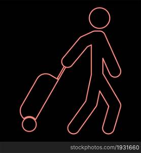 Neon man with suitcase red color vector illustration flat style light image. Neon man with suitcase red color vector illustration flat style image