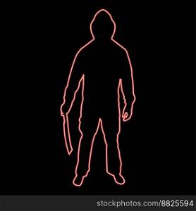 Neon man with sword machete Cold weapons in hand military man Soldier Serviceman in various positions Hunter with knife Fight poses Strong defender Warrior concept Weaponry Standing red color vector illustration image flat style light. Neon man with sword machete Cold weapons in hand military man Soldier Serviceman in positions Hunter with knife Fight poses Strong defender Warrior concept Weaponry Stand red color vector illustration image flat style