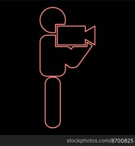 Neon man with video camera stick red color vector illustration image flat style light. Neon man with video camera stick red color vector illustration image flat style