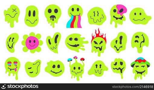 Neon melting smiling faces, retro doodle dripping smile emoji. Psychedelic groovy characters, graffiti smile emoji face vector illustration set. Funny emoji face. Smiley graffiti positivity artwork. Neon melting smiling faces, retro doodle dripping smile emoji. Psychedelic groovy characters, graffiti smile emoji face vector illustration set. Funny emoji face mascots