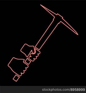 Neon mining pickaxe Mattock pick axe in hand red color vector illustration image flat style light. Neon mining pickaxe Mattock pick axe in hand red color vector illustration image flat style
