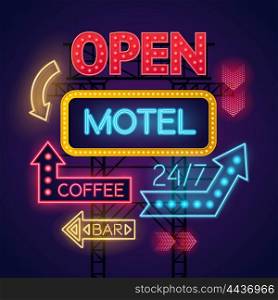 Neon Motel Cafe And Bar Signs Set. Colorful glowing neon light signs for motel and cafe set on dark blue background vector illustration