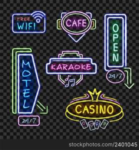 Neon motel internet cafe open signboards at night realistic icons collection transparent background isolated vector illustration . Neon Signboards Realistic Night Collection Transparent