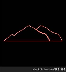 Neon mountain icon black color in circle outline vector illustration red color vector illustration flat style light image. Neon mountain icon black color in circle red color vector illustration flat style image