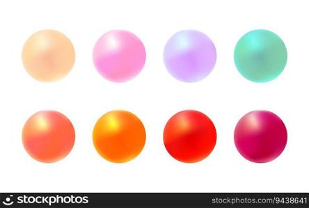 Neon nacre colored pearl icon set, vibrant mesh gradient sphere vector collection, abstract round shape, shiny jewel gem glass. Bright blue, golden, red bubble.