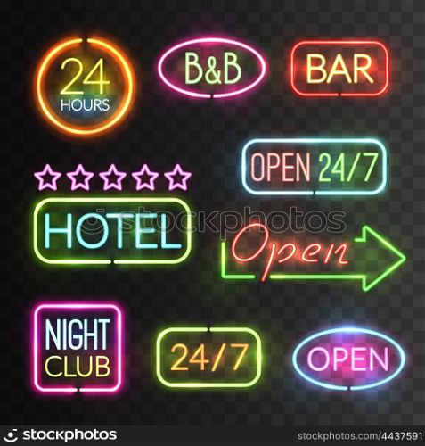 Neon Open Sign Set. Neon open sign icon set with flash light for hotels shops casino for example vector illustration