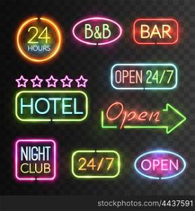 Neon Open Sign Set. Neon open sign icon set with flash light for hotels shops casino for example vector illustration