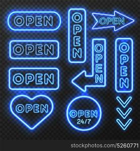 Neon Open Signs Collection. Neon open sign set with isolated images of blue electric light sign boards with arrow symbols vector illustration