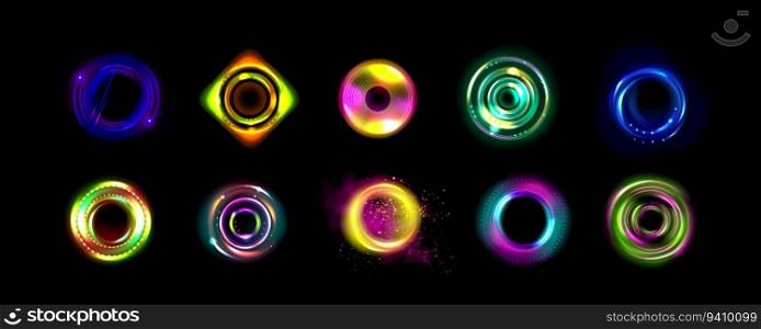 Neon optical halo flares with light glow vector effect. Circle energy flare glow abstract frame with 3d shine. Digital fantasy portal swirl shape illustration. Beautiful pink sphere twist element. Neon optical halo flares with light glow vector